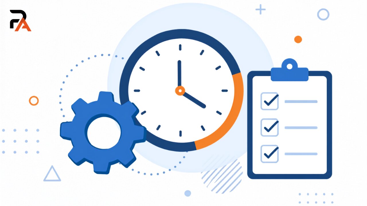 Clock, gear, and checklist illustrating the relationship between work, time, and efficiency