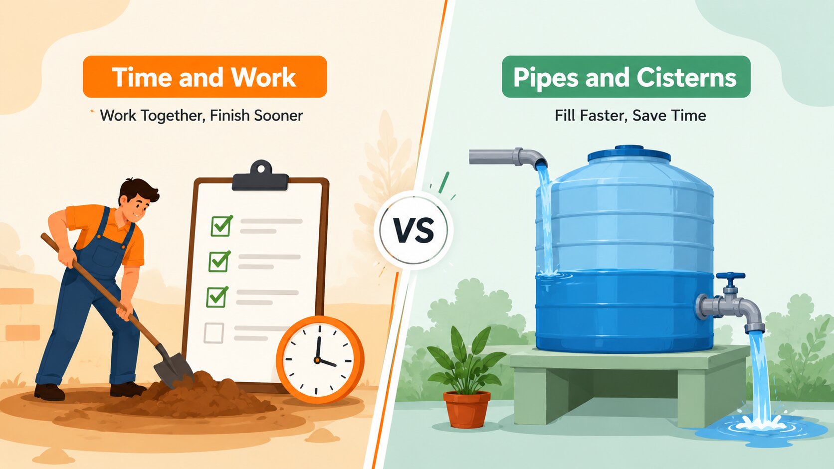 Comparison of a worker completing a task and a pipe filling a water tank to explain Pipes and Cisterns