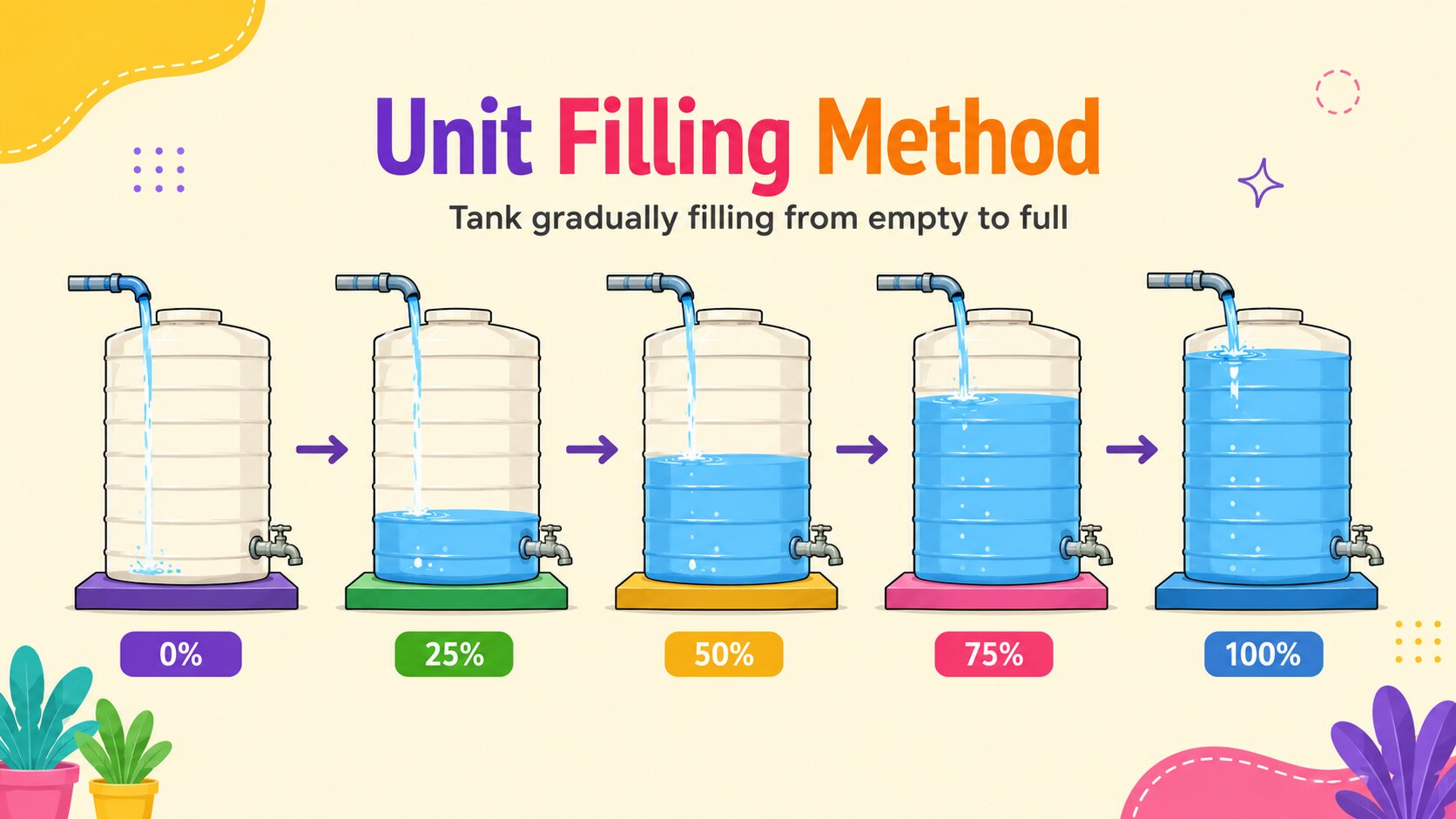 Water tank gradually filling to explain the one-hour filling method in Pipes and Cisterns
